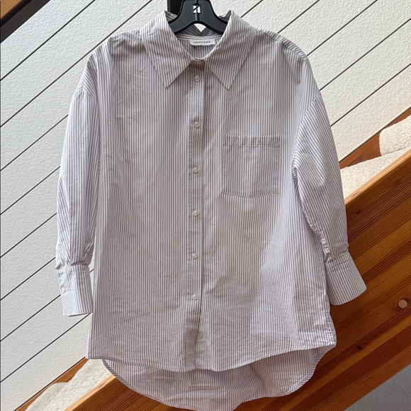 Anine Bing Mika Gray/White Striped 3/4 Sleeve Shirt Sz S - Picture 1 of 7